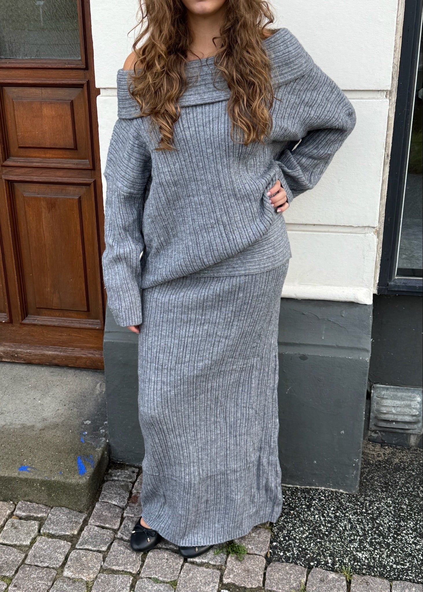 Off Shoulder Strik Sæt - Grå - ByStenholt.dk