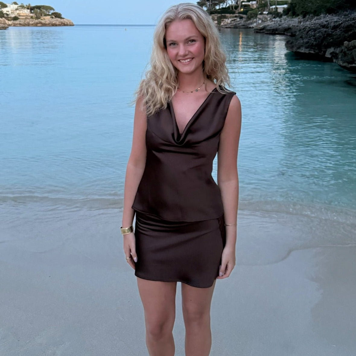 Cleo Draperet Top + Mini Nederdel - Mørkebrun - ByStenholt.dk