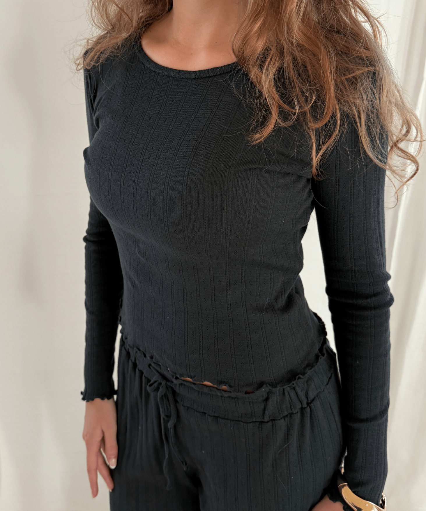 Loungewear Bluse i Pointelle - Sort - ByStenholt.dk